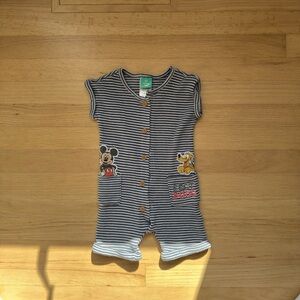 Disney Navy & White Striped One-Piece Romper with Mickey & Pluto